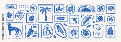 Tropical summer elements in frames. Exotic geometric pattern. Jungle nature sticker set. Leopard, palm tree, toucan, flowers, hibiscus,parrot, leaves, plumeria.