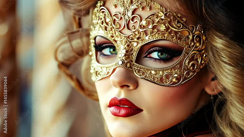 Unveiling Elegance: An eye-catching close-up captures the beauty of a woman wearing a lavish masquerade mask, its intricate golden details complementing her striking features and captivating gaze. Unveiling Elegance: An eye-catching close-up captures the beauty of a woman wearing a lavish masquerade mask, its intricate golden details complementing her striking features and captivating gaze.