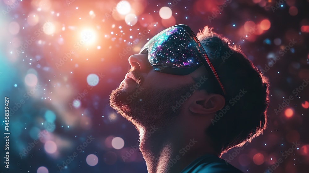Man exploring virtual cosmos awe inspired gaze futuristic VR glasses vibrant bokeh background Man exploring virtual cosmos awe inspired gaze futuristic VR glasses vibrant bokeh background