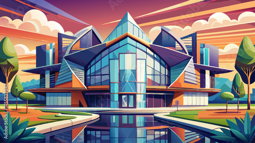 Generative AI image of contemporary building with unusual architecture and glass mirrored walls Very beautiful