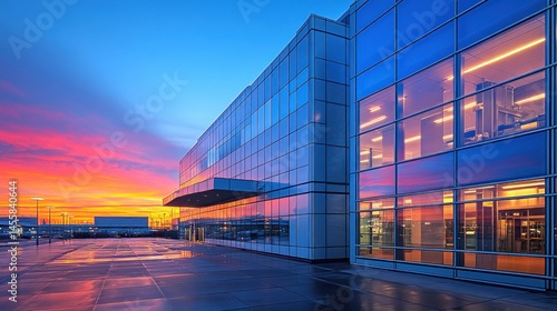 Modern glass building at dawn, reflected in the windows.  Exterior shot of a large, contemporary office complex, showcasing a vibrant sunrise