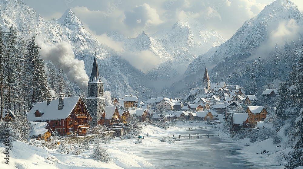 Fototapeta premium A quiet snow-covered village nestled in a valley, smoke curling from chimneys, a scene of winter charm.