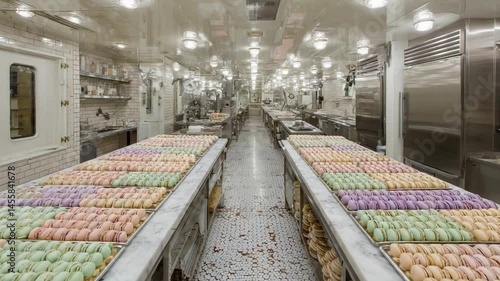 Colorful macarons displayed in a modern pastry kitchen with bright lights and stainless steel