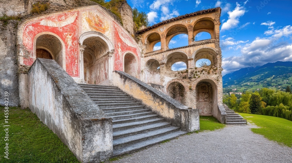 Obraz premium Ancient sanctuary ruins climbing the mountainside with stone steps under a summer sky offering scenic vista views and historic reverence