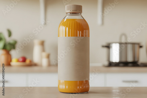 Orange juice bottle mockup in kitchen setting ready for a brand label showcase