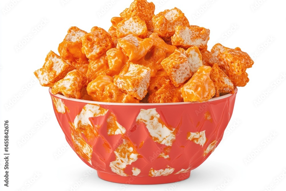 Cheesy, crunchy bites in a vibrant bowl. A heaping pile of small, toasted bread pieces, coated in a melted, spicy cheese sauce Cheesy, crunchy bites in a vibrant bowl. A heaping pile of small, toasted bread pieces, coated in a melted, spicy cheese sauce