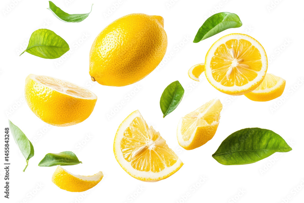 Fresh Yellow Lemons and Slices Falling with Green Leaves on a Transparent Background Fresh Yellow Lemons and Slices Falling with Green Leaves on a Transparent Background
