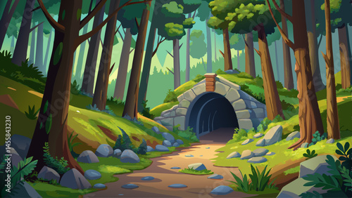 A quiet forest opens to a manmade tunnel carved in stone