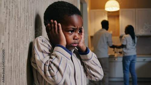Young boy is standing in front of a wall with his hands on his ears. He looks sad and is wearing a striped shirt. A woman and a man are standing behind him in the kitchen
