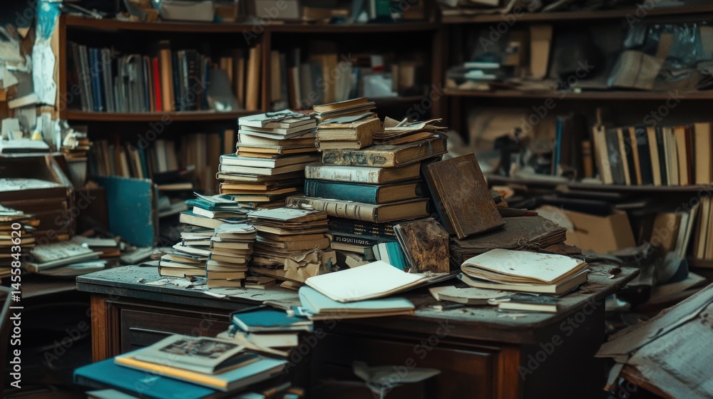 A Messy Study: A Pile of Books and Papers on a Dusty Desk in an Old Library A Messy Study: A Pile of Books and Papers on a Dusty Desk in an Old Library