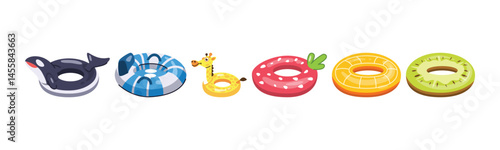 A cheerful illustration featuring an array of colorful cartoon-style inflatable pool floats, including animal and fruit designs, perfect for summer fun and relaxation.