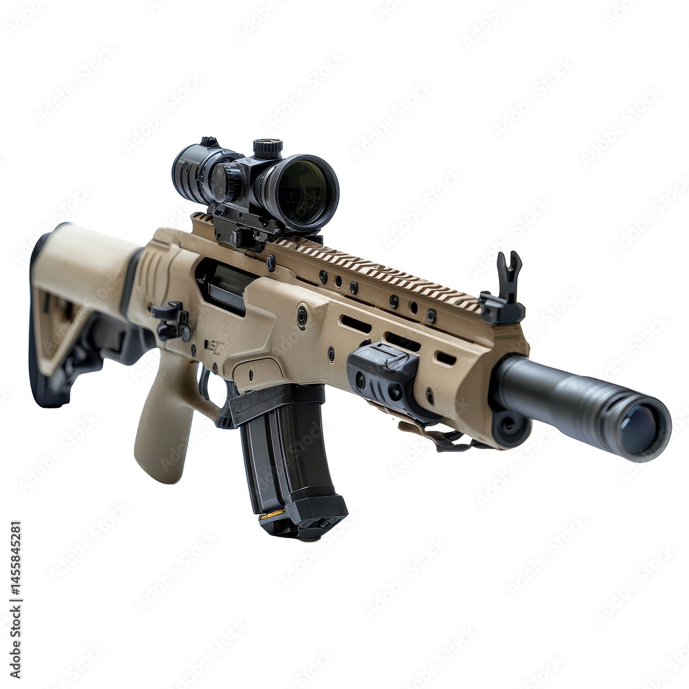 Military style rifle with tactical features and integrated scope on display in neutral background setting Military style rifle with tactical features and integrated scope on display in neutral background setting