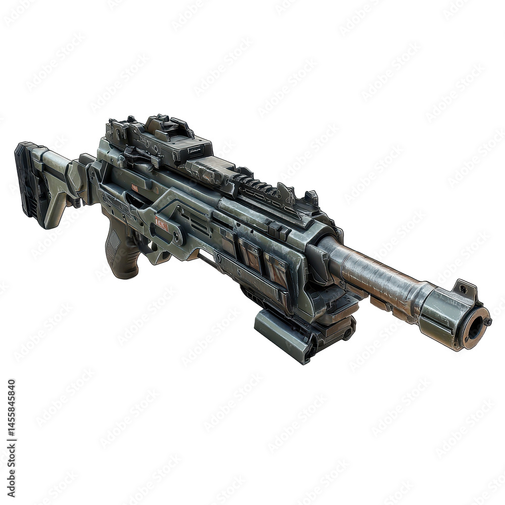 Obraz premium Detailed replica of a futuristic weapon with intricate design and realistic features displayed on a white background