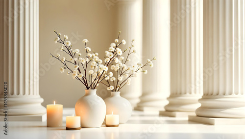 Serene White Flowers in Vases with Candles near Columns