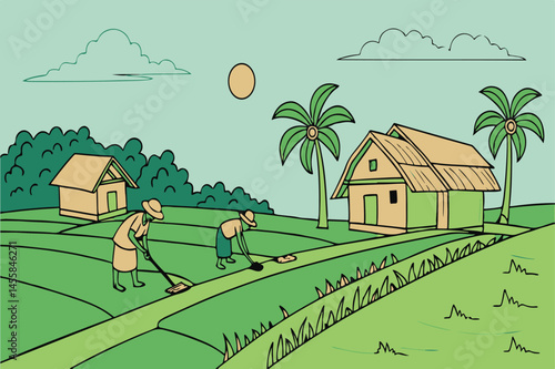 Peaceful Rural Summer Day in Bangladesh with Farmer