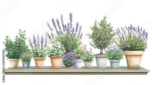 Colorful Flower Pots with Lavender and Green Plants on Shelf