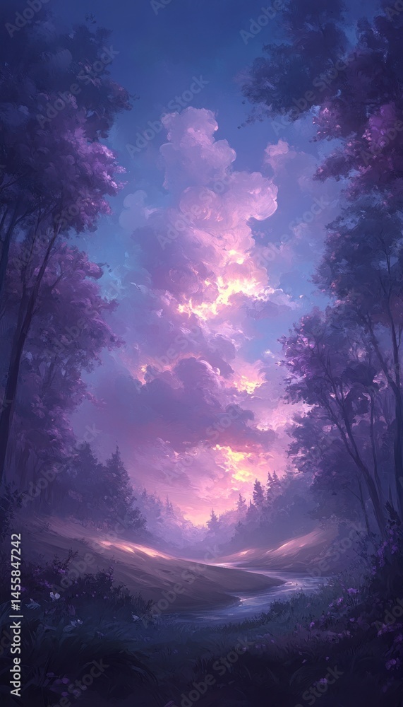 Obraz premium Purple sunset over a tranquil forest path. Tranquil scene of a winding stream flowing through a purple forest at dusk