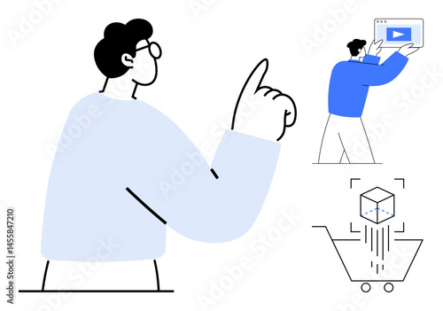 Man pointing upward with focus on digital elements thumbs up online video, 3D product display, and shopping cart. Ideal for e-commerce, media, marketing, content creation, learning, online shopping
