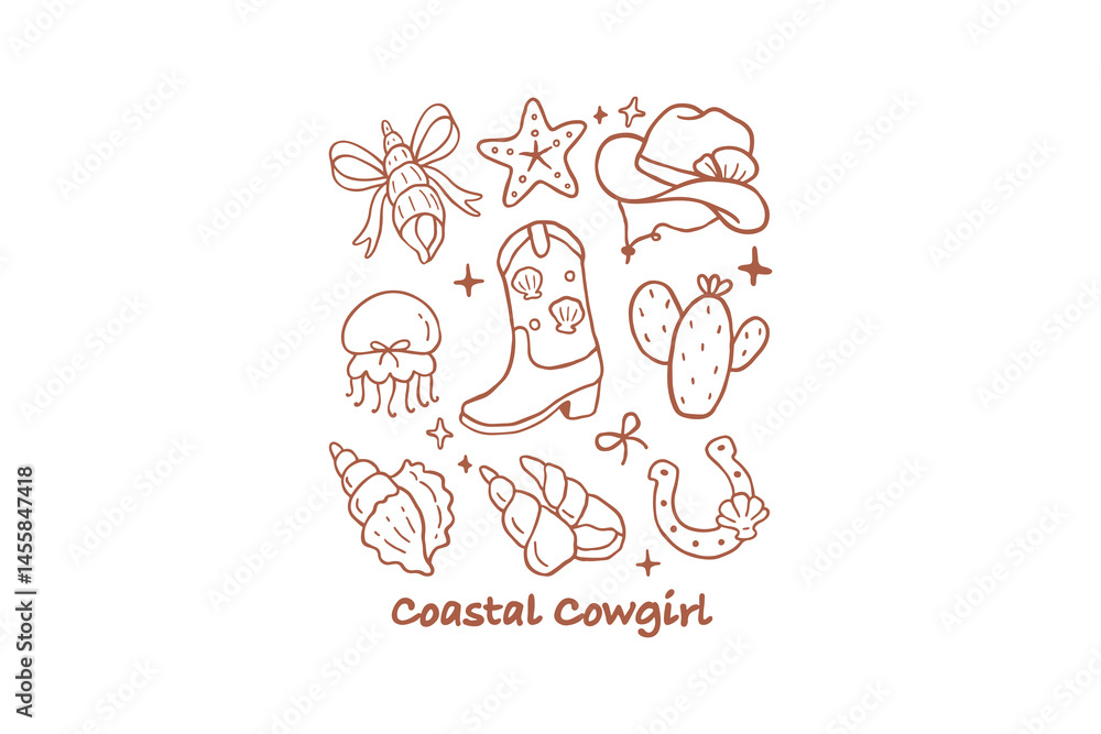 Fototapeta premium Coastal Cowgirl Icons - Seashells, Boots, Cactus and Starfish Illustration - Summer Cowgirl SVG T Shirt Design