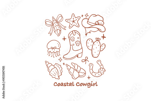 Coastal Cowgirl Icons - Seashells, Boots, Cactus and Starfish Illustration - Summer Cowgirl SVG T Shirt Design