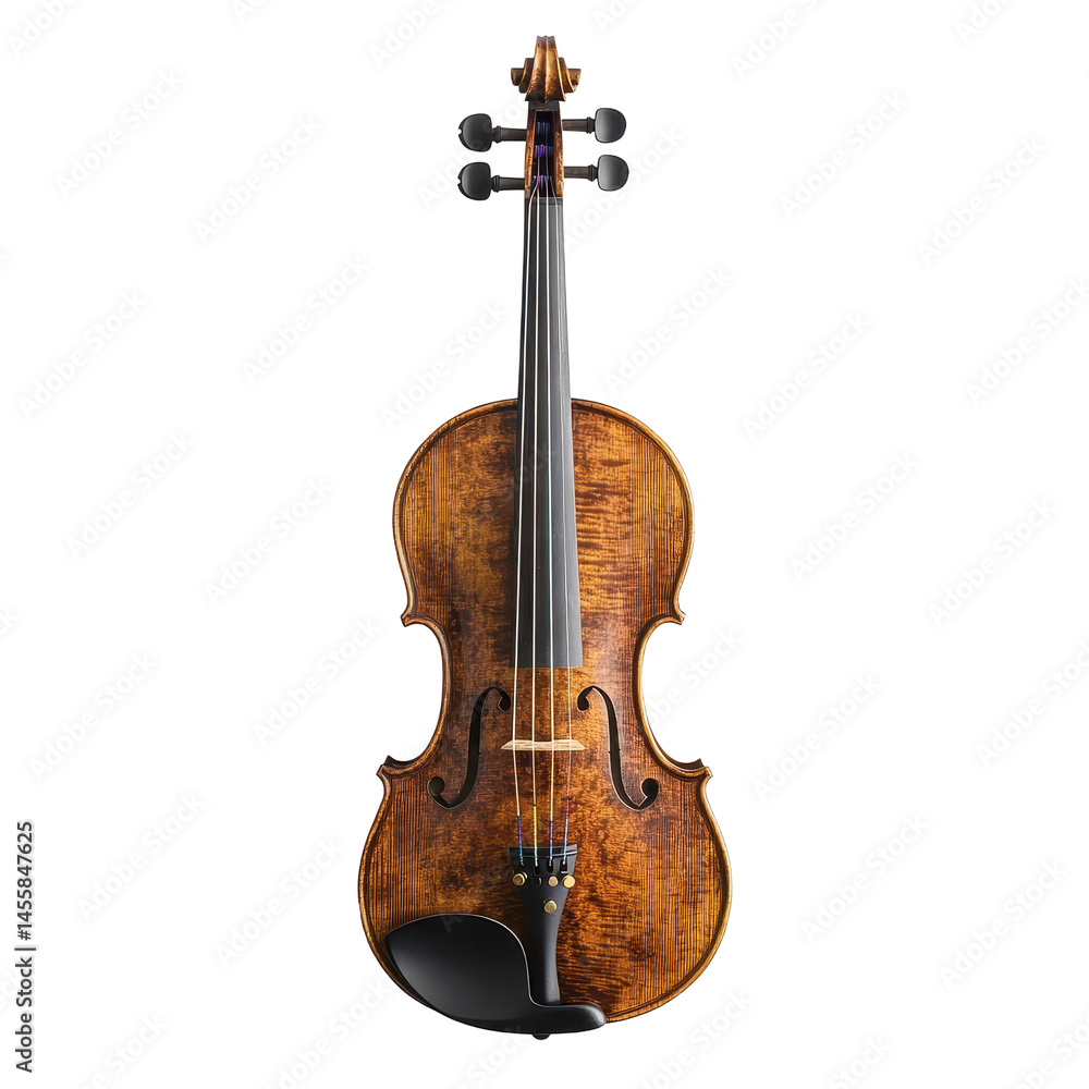 Fototapeta premium Detailed view of an elegantly crafted violin showcasing its rich wood grain and expert craftsmanship in a well-lit space