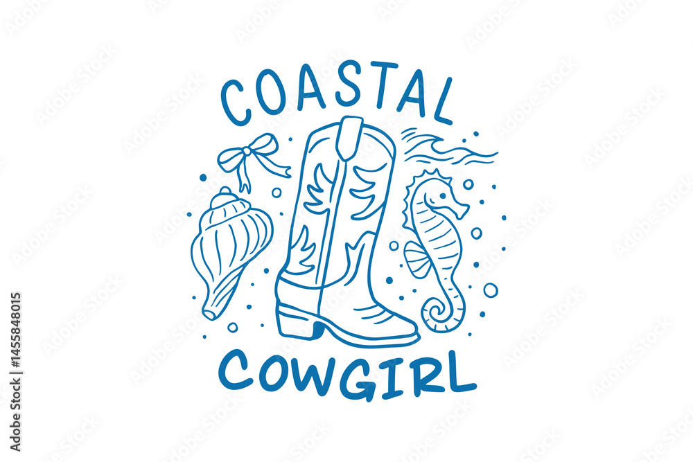 Fototapeta premium Coastal Cowgirl Boots with Ocean Elements - Western Summer Cowgirl SVG T Shirt Design