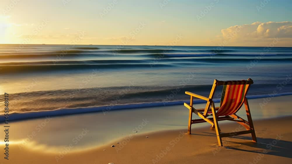 Beach chair is sitting on the sand near the water. The chair is empty and the beach is calm Beach chair is sitting on the sand near the water. The chair is empty and the beach is calm