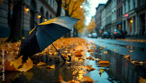 Rainy Autumn Day City Street Scene with Umbrella and Leaves