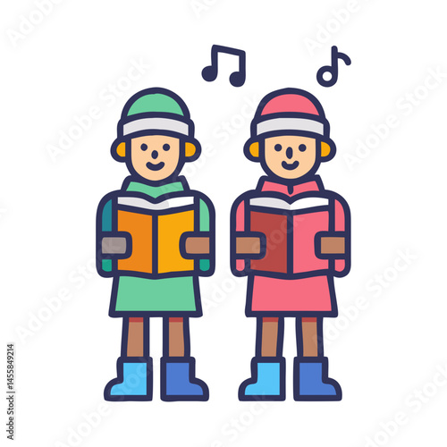Children Singing Carols in Winter Clothing with Musical Notes  