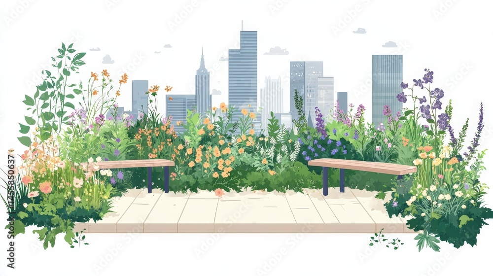 Fototapeta premium Lush Urban Garden with Benches Overlooking a City Skyline