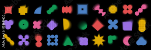 Halftone effect Y2K brutal shapes set. Collection of colorful dotted geometric elements