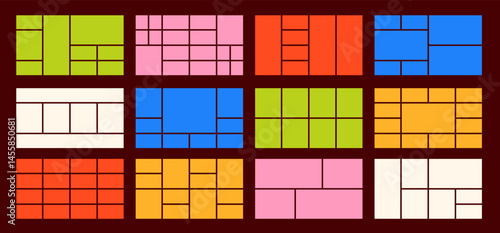 Trendy colors horizontal layout grid set. Collection of bright web design template. Pictures collage or photos geometric tiles pattern