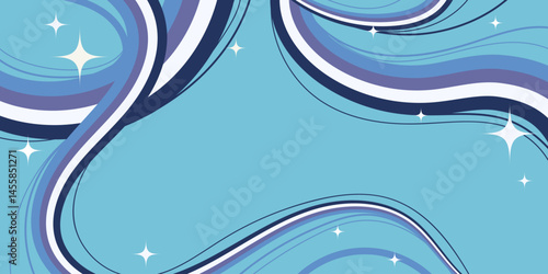 Abstract Playful Design with Colorful Cartoon Fluid Wavy Lines and Sparkling Stars on Blue Background. Retro swirls with vibrant movement. Perfect for web, print, cards, banners