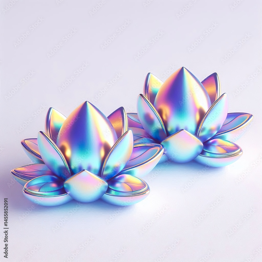 3D image of two lotus metallic holographic style cute design, white background 3D image of two lotus metallic holographic style cute design, white background