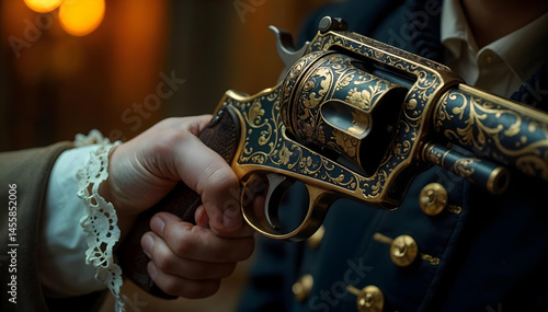 Ornate Engraved Revolver Held in a Hand Closeup