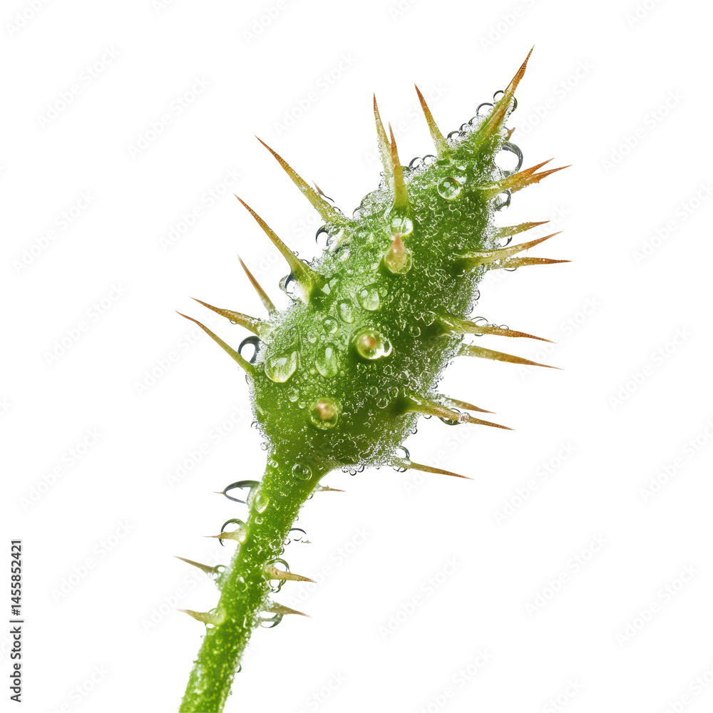Naklejka premium Close-up of a dew-covered rose bud with sharp thorns in a natural setting during early morning light