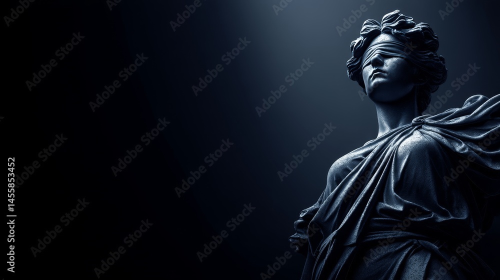 Blindfolded Lady Justice statue in dramatic lighting on dark gradient background. Blindfolded Lady Justice statue in dramatic lighting on dark gradient background.