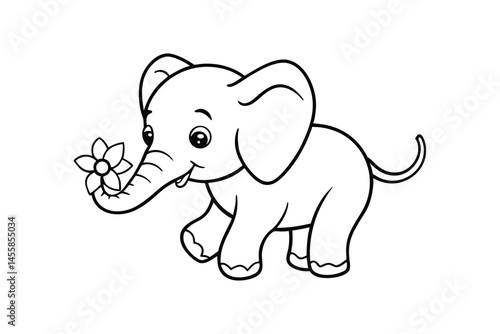Line art drawing of a baby elephant holding a flower with its trunk.eps