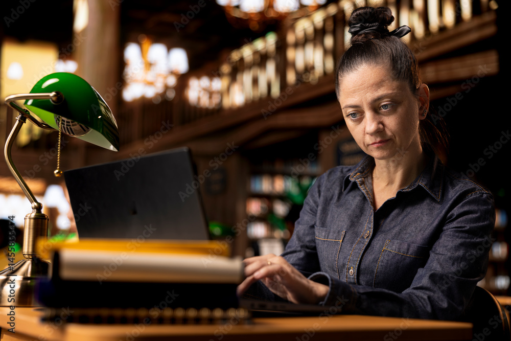 Fototapeta premium Professional author and librarian working on her laptop in a public library, focused on providing academic resources and guidance. Evaluating educational information within the database.