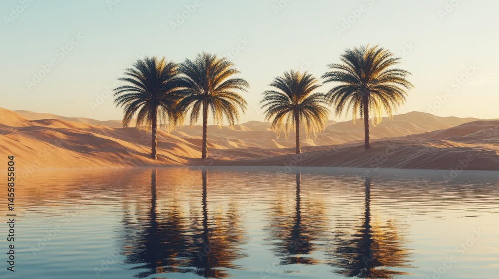 Obraz premium Serene Desert Oasis with Palm Trees and Calm Water Reflection