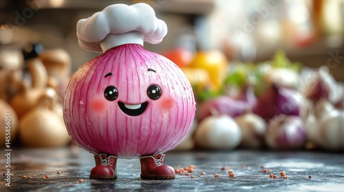 A cute cartoon onion wearing a chef's hat and boots, with happy eyes and a smile, standing on a countertop amidst other vegetables