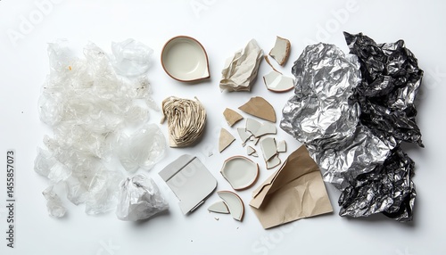 Top-down view of neatly sorted urban waste on white background—plastic shards, crushed paper, broken ceramics, and foil. Perfect for recycling visuals, education, and eco campaigns