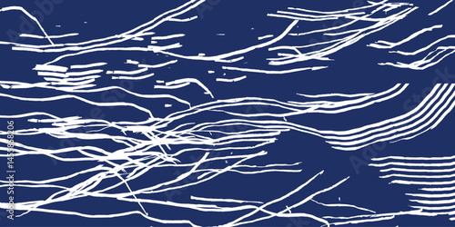Hand drawn brush line abstract wave and water in disorganized and scattered style pattern, Japanese and ethnic wood carving, block print texture background, rough and simple graphic for carpet