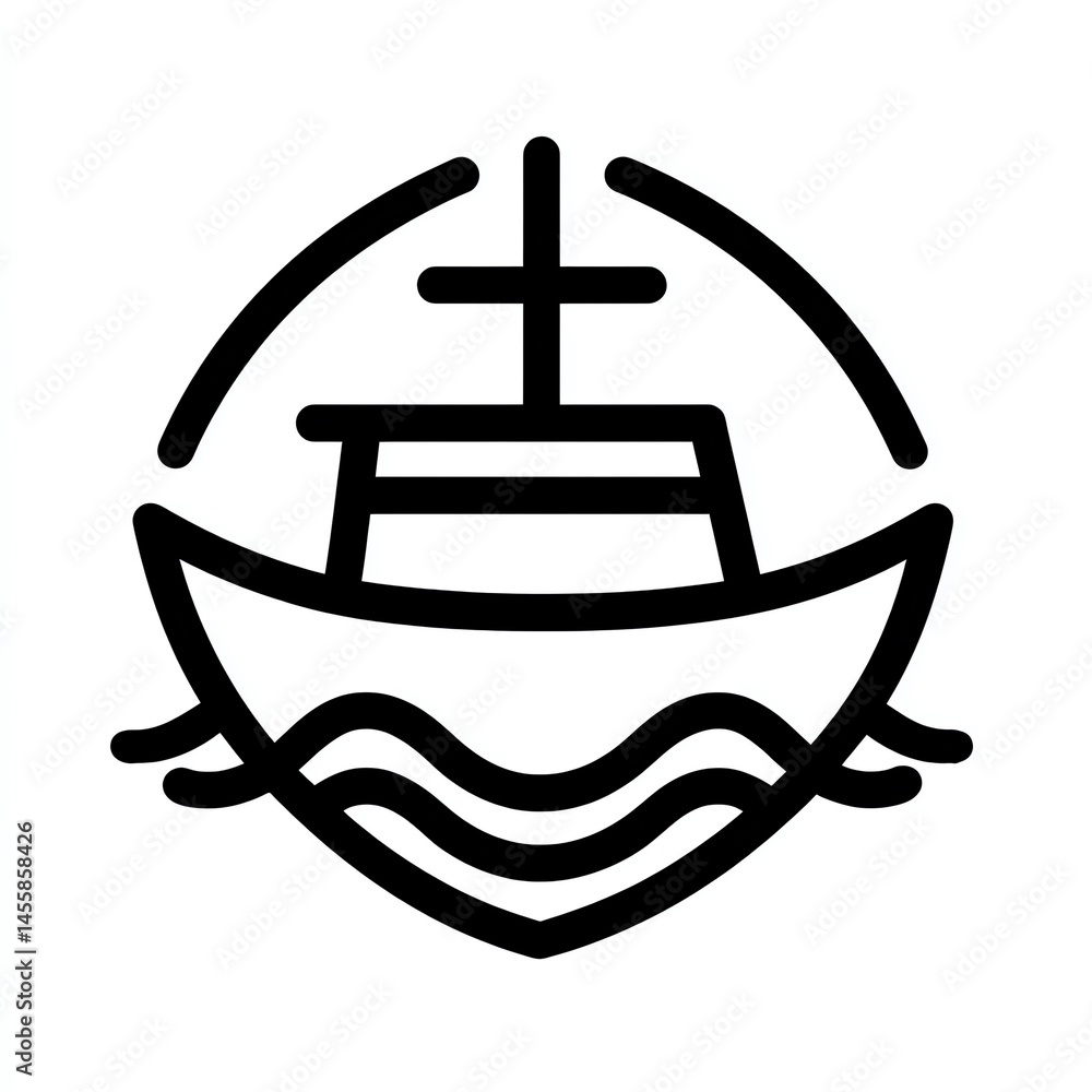Simple Boat Icon on Water Minimalist Design, Black and White Vessel Illustration Simple Boat Icon on Water Minimalist Design, Black and White Vessel Illustration