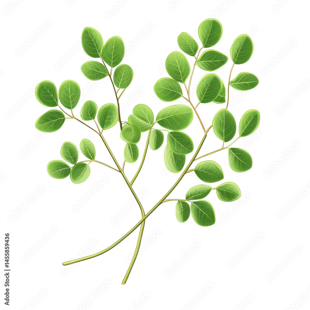 Obraz premium Fresh green moringa leaves on a white background showcasing vibrant foliage and natural beauty