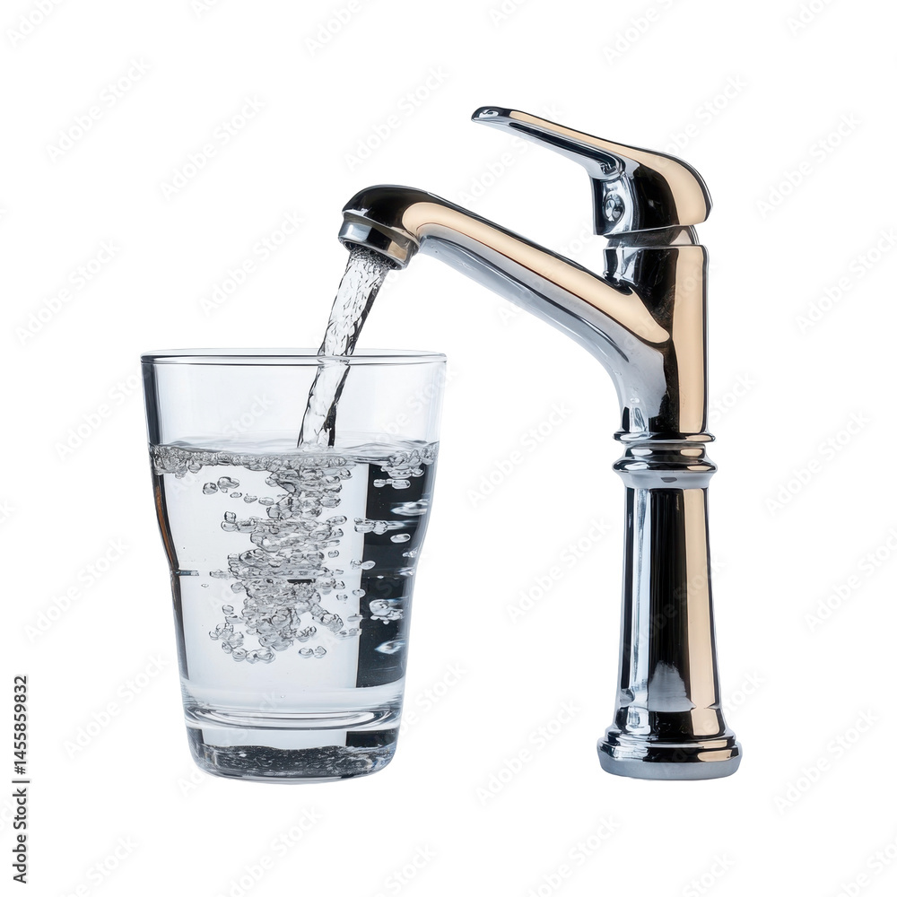 Sparkling water flowing from a modern faucet into a clear glass, capturing the essence of hydration and style Sparkling water flowing from a modern faucet into a clear glass, capturing the essence of hydration and style