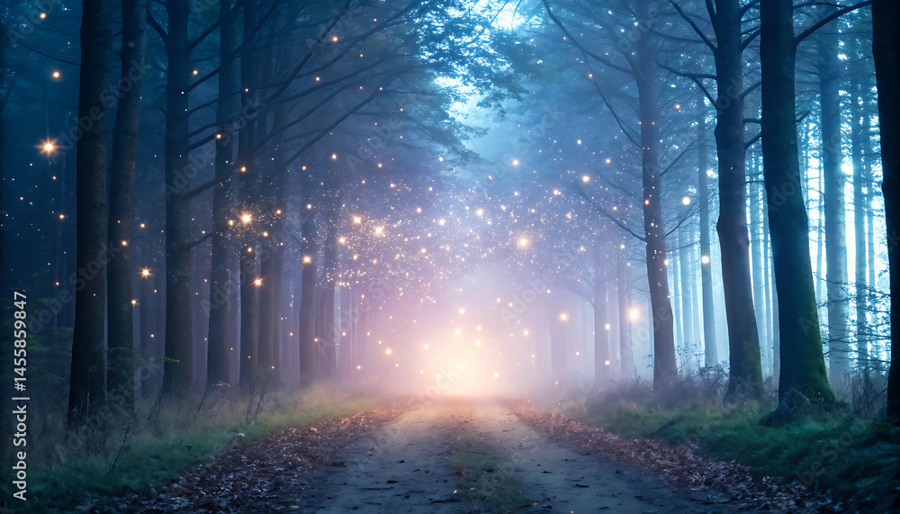 Fototapeta premium Enchanted Forest Path Magical Glowing Lights and Misty Trees Digital Art Background