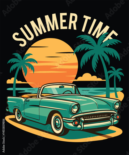 Summer Time Convertible Car with Sunset and Palm Trees Retro  vector art t shirt design, summer t shirt design , ai generated