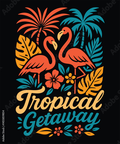 Wallpaper Mural Tropical Getaway Retro Flamingo Design with Palm Trees and Colorful Leaves, summer t-shirt design, ai generated Torontodigital.ca