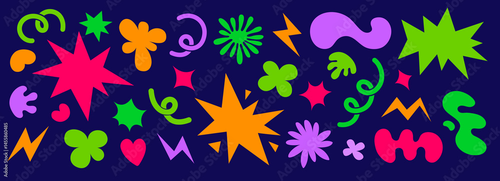 Fototapeta premium Abstract colorful shapes illustrations set. Retro cartoon style. Groovy funky clouds, flowers and bubbles shapes. Stars, loops and waves. Vector elements collection